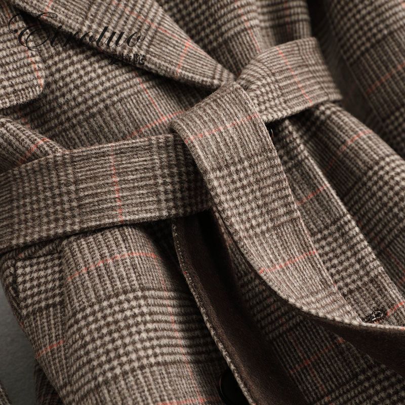 Autumn Winter Arrival Women Warm Wool Coat Fashion Plaid Belted Blends Outwear Female Korean Slim Office Long Coat 201103