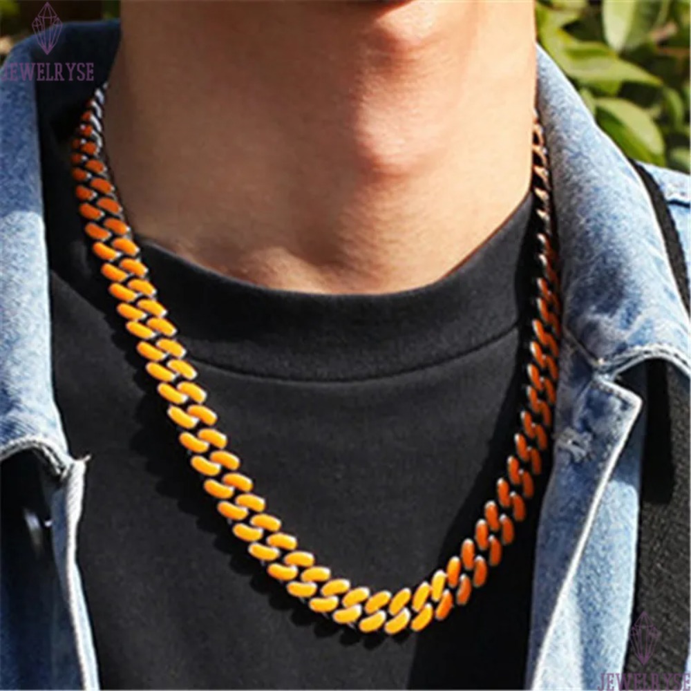 20inch stainless steel Miami cuban link chain gold necklace mens silver chain for man colorful enamel White Green Orange Blue Chains Necklaces Woman H