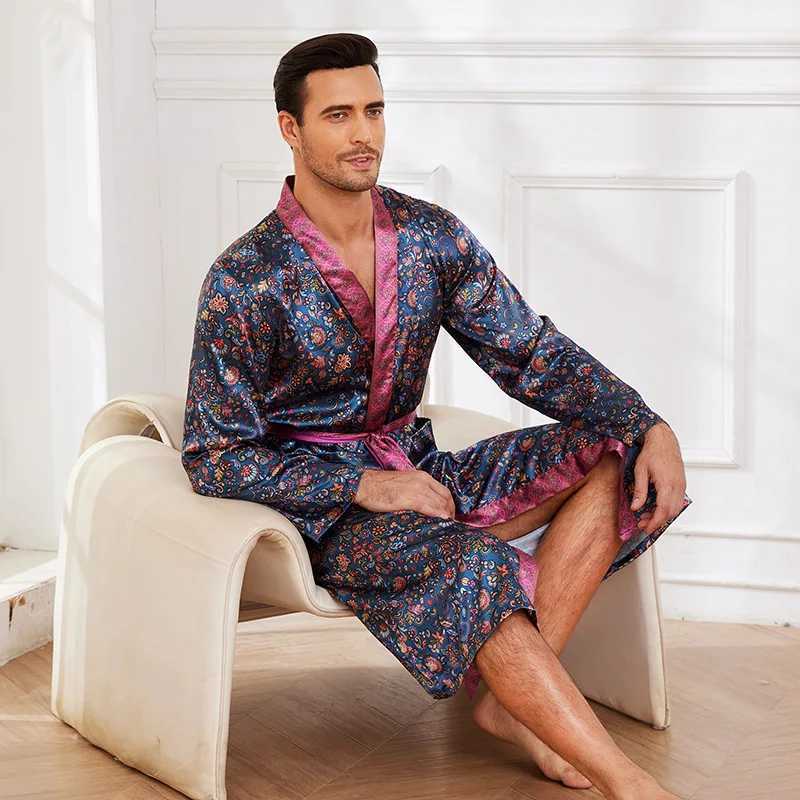 Print Robe Men Stain Sleepwear Loose Peignoire De Douche Homme Mens Bathrobe Satin Sleepwear Loungewear Kimono with Belt C251202