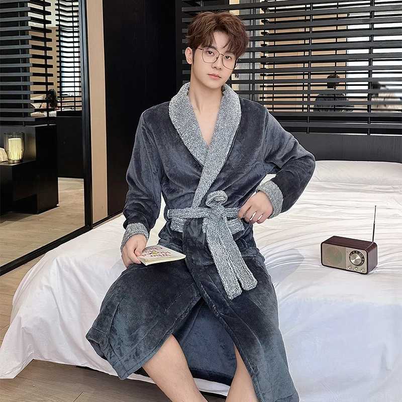 2025 Winter Long Sleeve Thick Warm Flannel Kimono Robes for Men Loose Coral Velvet Sleepwear Bathrobe Male Homewear Home Clothes C251202