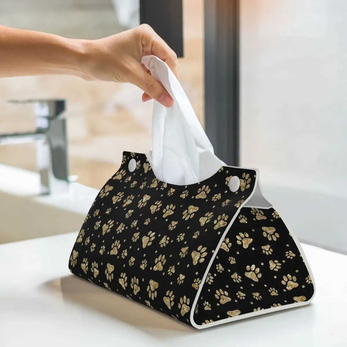 Cust Glitter Gold Dog Paw Tissue Box Cover for Bathro Car Lover Rectangar PU Leather Facial Tissue Box Holder H251201