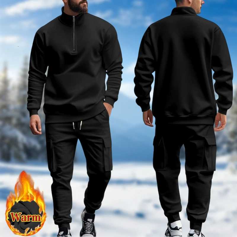 Mens Casual Fleece Zipper Sweatshirt Multi-Pocket Workwear Long Pants Set Warm Autumn Winter Solid Color American Style W251202