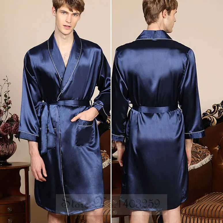 Plus Size 3XL 4XL 5XL Men Robe Sleepwear Navy Blue Stripe Kimono Bathrobe Gown with Pocket Summer Satin Home Clothes Lounge Wear C251202