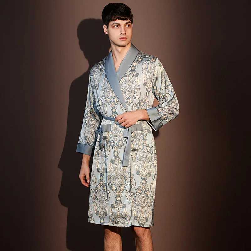High Quality Satin Pajamas Suit Male Summer Mens Bathrobes Ice Silk Thin Sleepwear Male Long Sleeve Robes Four Seasons Yukata C251202