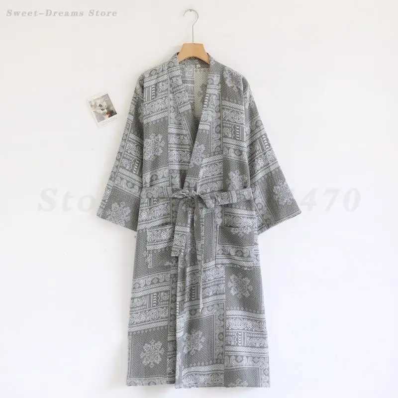 Adult Mens Cotton Robe Kimono Bathrobe Gown Yukata Negligee with Pocket Loose Casual Home Wear Printed Loungewear Sleepwear C251202