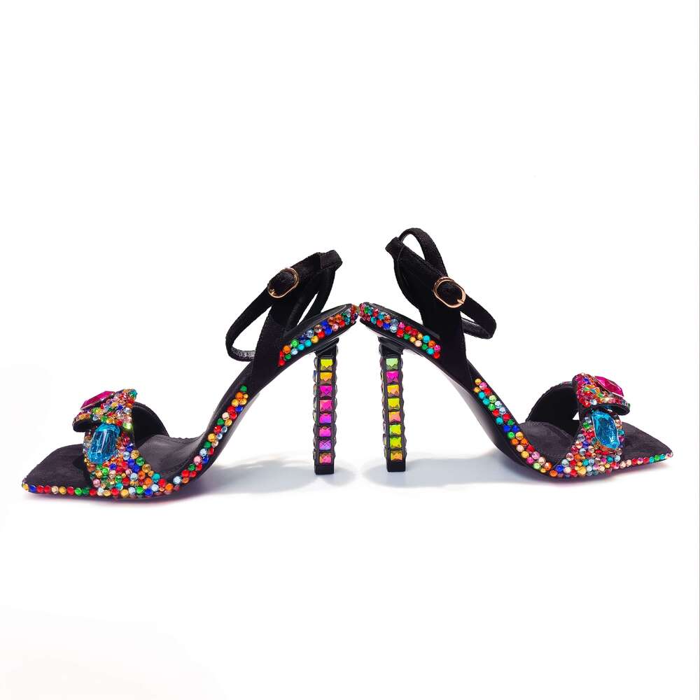 Women 2025 Sparkling Rhinestone Sandals Ultra High Stiletto Heels With Ankle Strap, Square Toe Multi Color Shimmering Design All Season Party, Shoppin