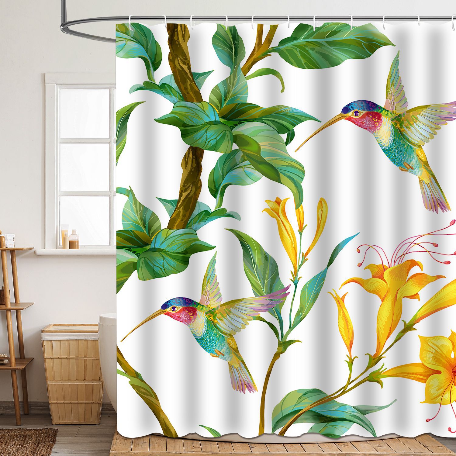 YL-37864 High-definition digital printed floral and bird shower curtain, waterproof, moisture-proof, no-drill bathroom partition curtain