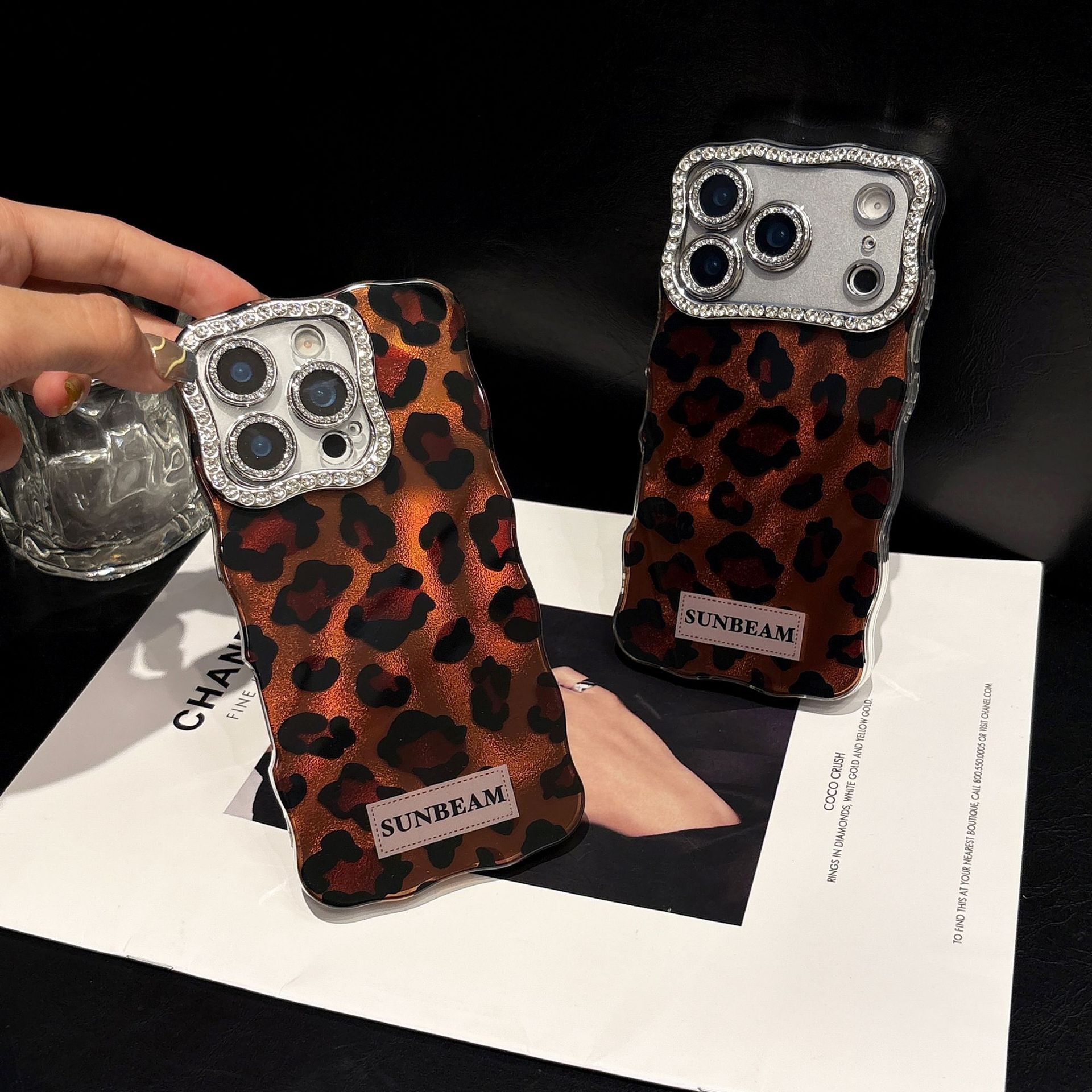 Twisted Edge Brown Leopard Print Phone Case iPhone 17 Pro Max Compatible with Apple 16/15 Pro Diamond Lens Hard Case