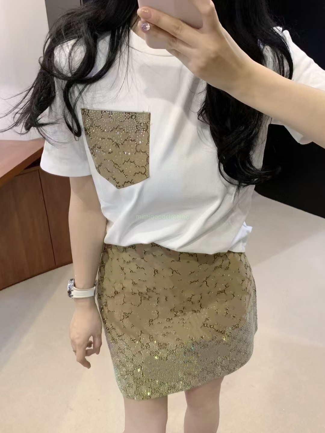 Summer women's suit with full-printed floral rhinestone-letter T-shirt short skirt short-sleeved trendy foreign brand export round-neck loose