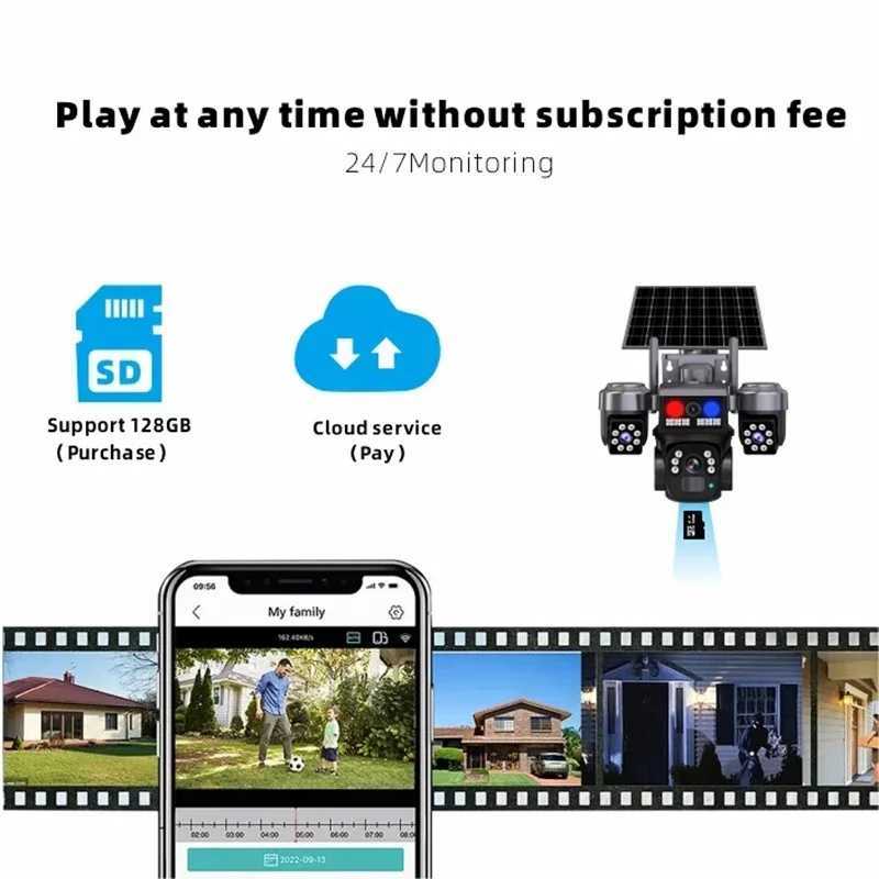 V380 WiFi Solar Camera Security Three Lens PTZ Wireless Surveillance Camera Intelligent Outdoor Solar Cameras PIR Detection C251202