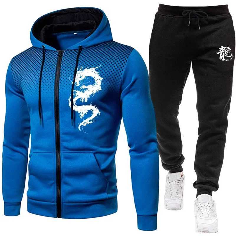 2025 New Arrival Mens Tracksuit Dragon Print Hoodie and Sweatpants Urban Casual Fashion Zipper Sweatshirt Jogger Pants Outfits W251202