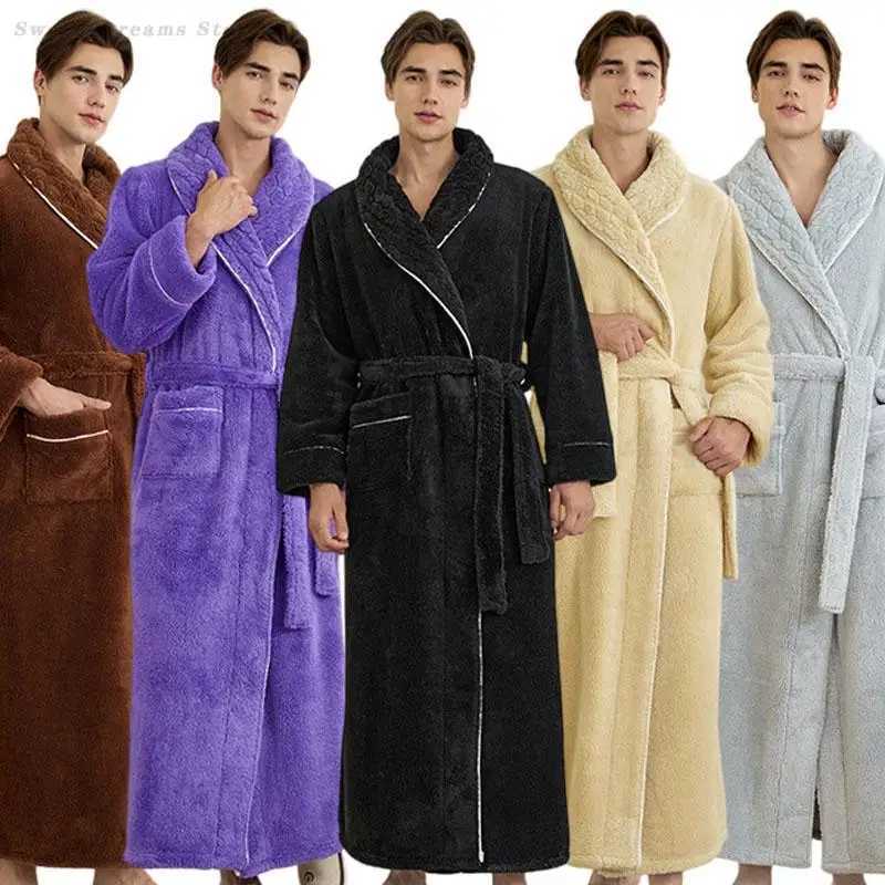 Mens Plus Size Robe Bathrobe Kimono Thickened Coral Fleece Sleepwear Autumn Winter New Nightgown Flannel Home Wear Nightwear C251202
