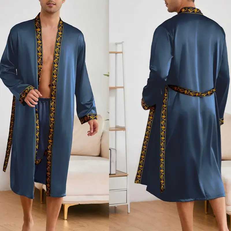 Male Ice Silk Pajamas 2Pcs Robe Suit Man Sleepwear Summer Spring Kimono Loungewear Peignoir Homme Nightwear Bathrobe Gown C251202