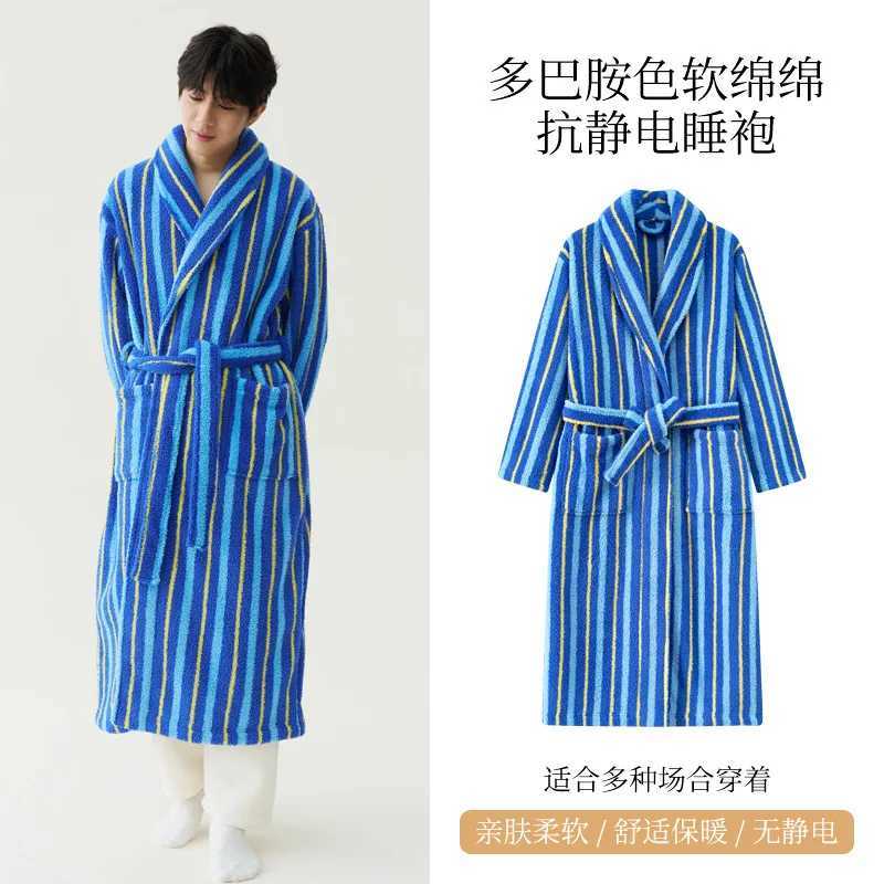 Fashion Stripes Flannel Couple Long Robe Sleepwear Winter Warm Women Nightgown Bathrobe Loose Thick Coral Fleece Homewear Pajama C251202