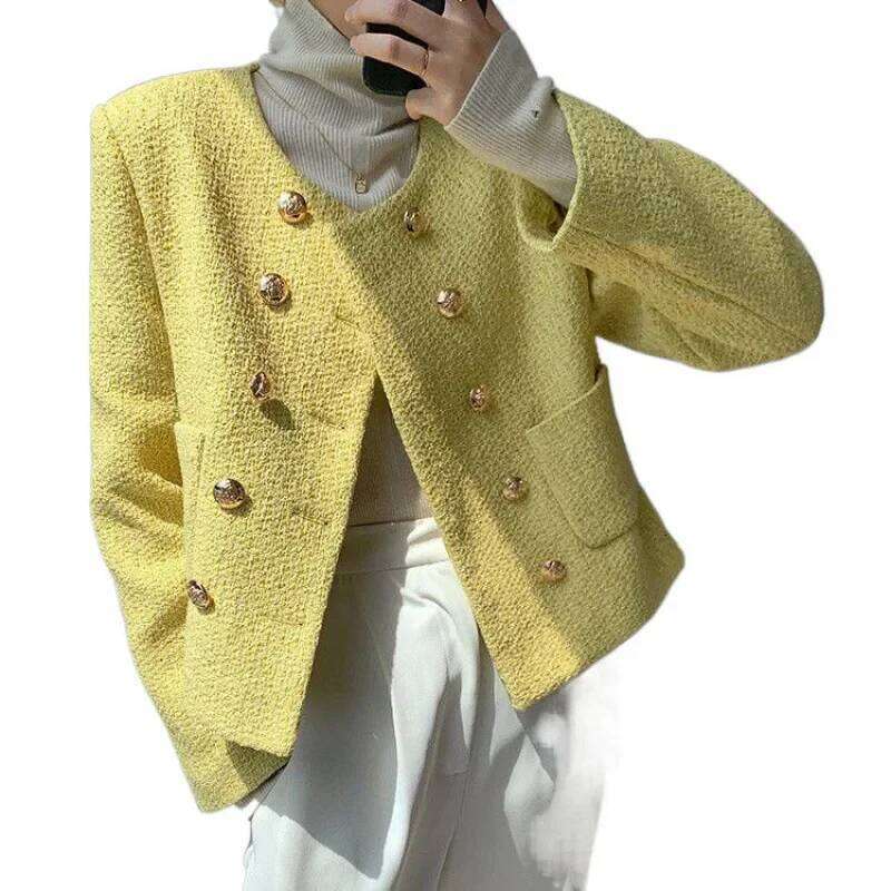 Double-Buttoned Short Quilted Jacket Sweet French Style Crew Neck Versatile Spring Autumn Top For Ladies Elegant Mini Coat