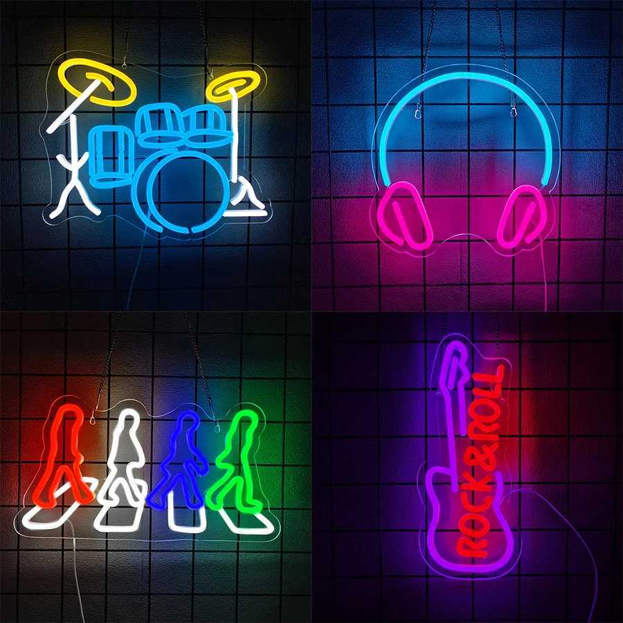 Neon Signs With Music Theme Icons Of Musical Instruments And Earphones Used For Decor Of Rooms Clubs Bars And Music Studios H251201