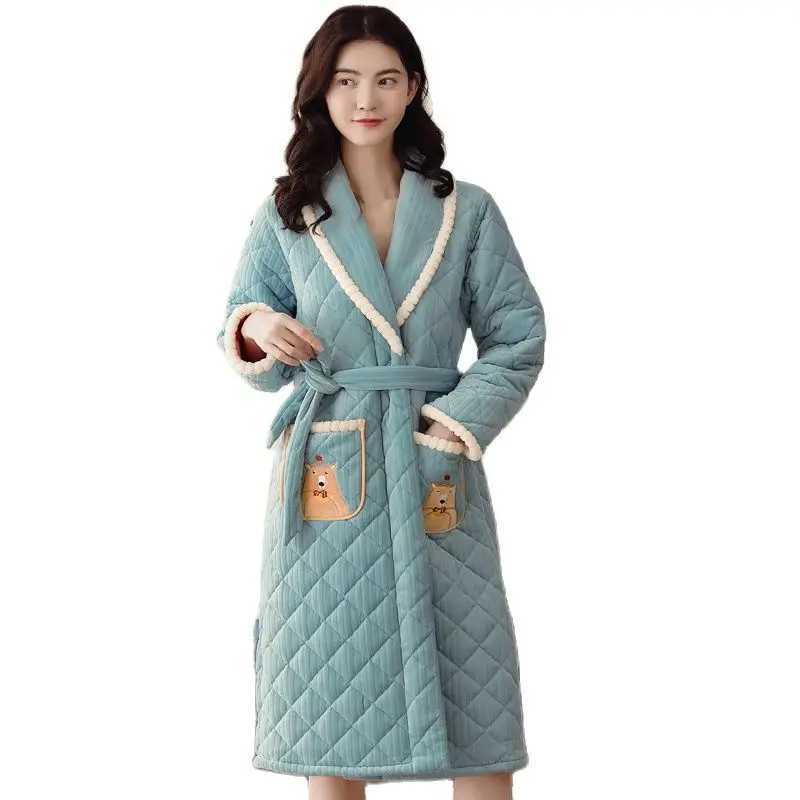 Winter Thick Warm Women Three Layer Cotton Robe Long Sleeve Casual Soft M-XXL Female Bathrobe C251202