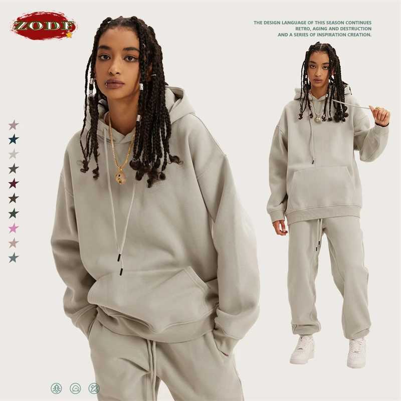 ZODF New Winter Men Basic Thick Fleece 345gsm Hoodies Casual Loose Hip Hop Unisex Hooded Sweatshirt Pullovers Tracksuits HY0010 J251203