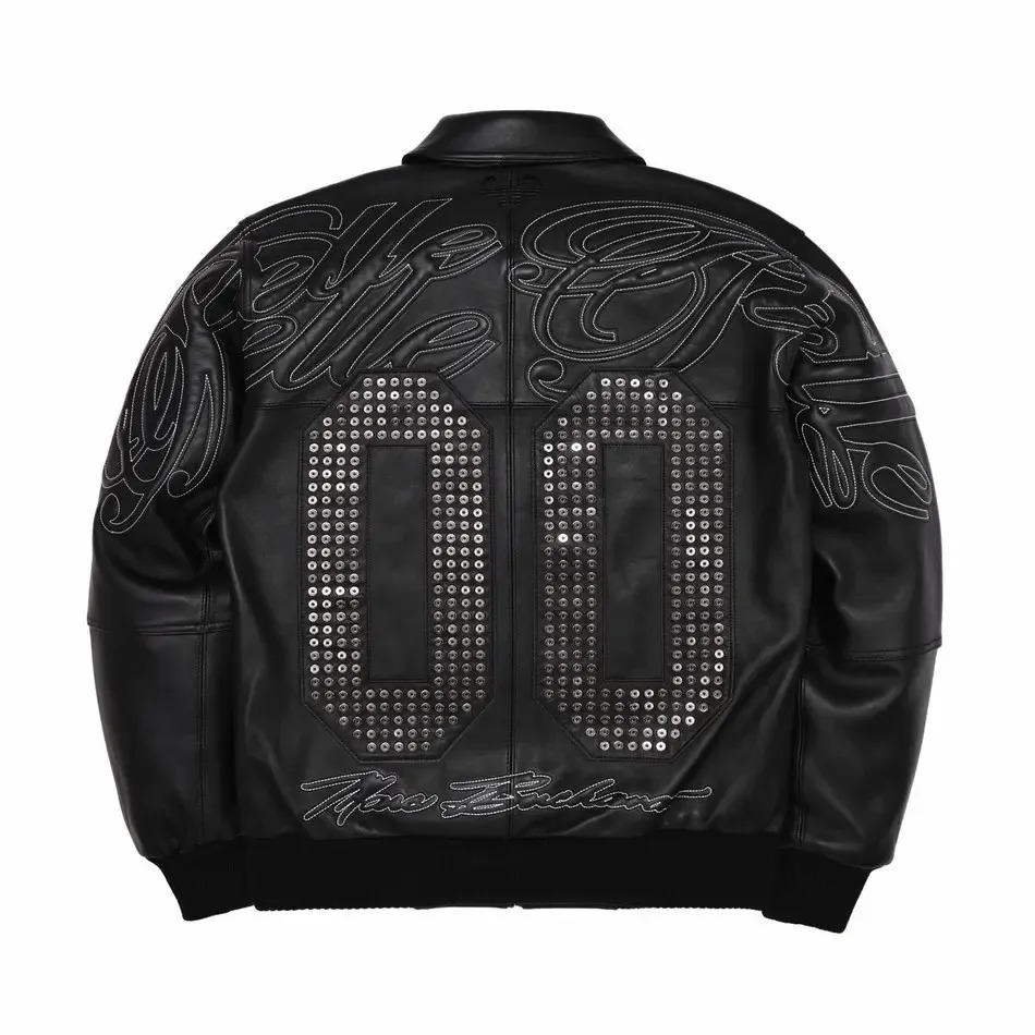 Streetwear Vintage Leather Bomber Jacket Y2K Mens Black Zipper Jacket Sequins Letter Embroidery Oversized Motorcycle Clothing 251128