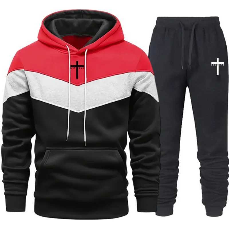 Jesus Cross Men Casual Sportswear Set Hooded Sweatshirt Winter Jogger Tracksuit Autumn Urban Fashion Hoodies Black Sweatpants W251202