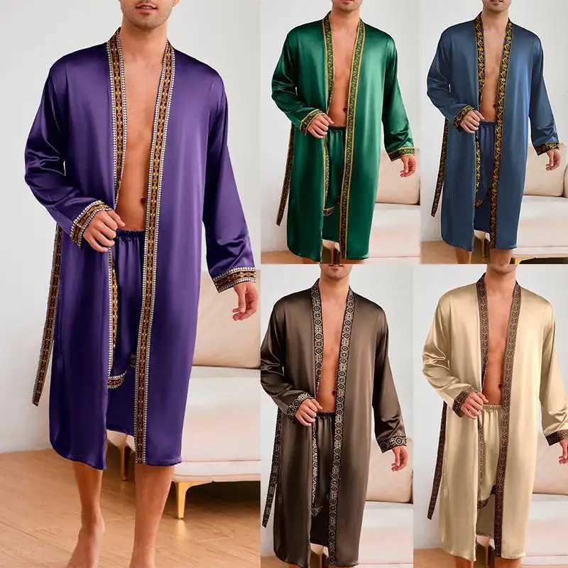 Male Ice Silk Pajamas 2Pcs Robe Suit Man Sleepwear Summer Spring Kimono Loungewear Peignoir Homme Nightwear Bathrobe Gown C251202