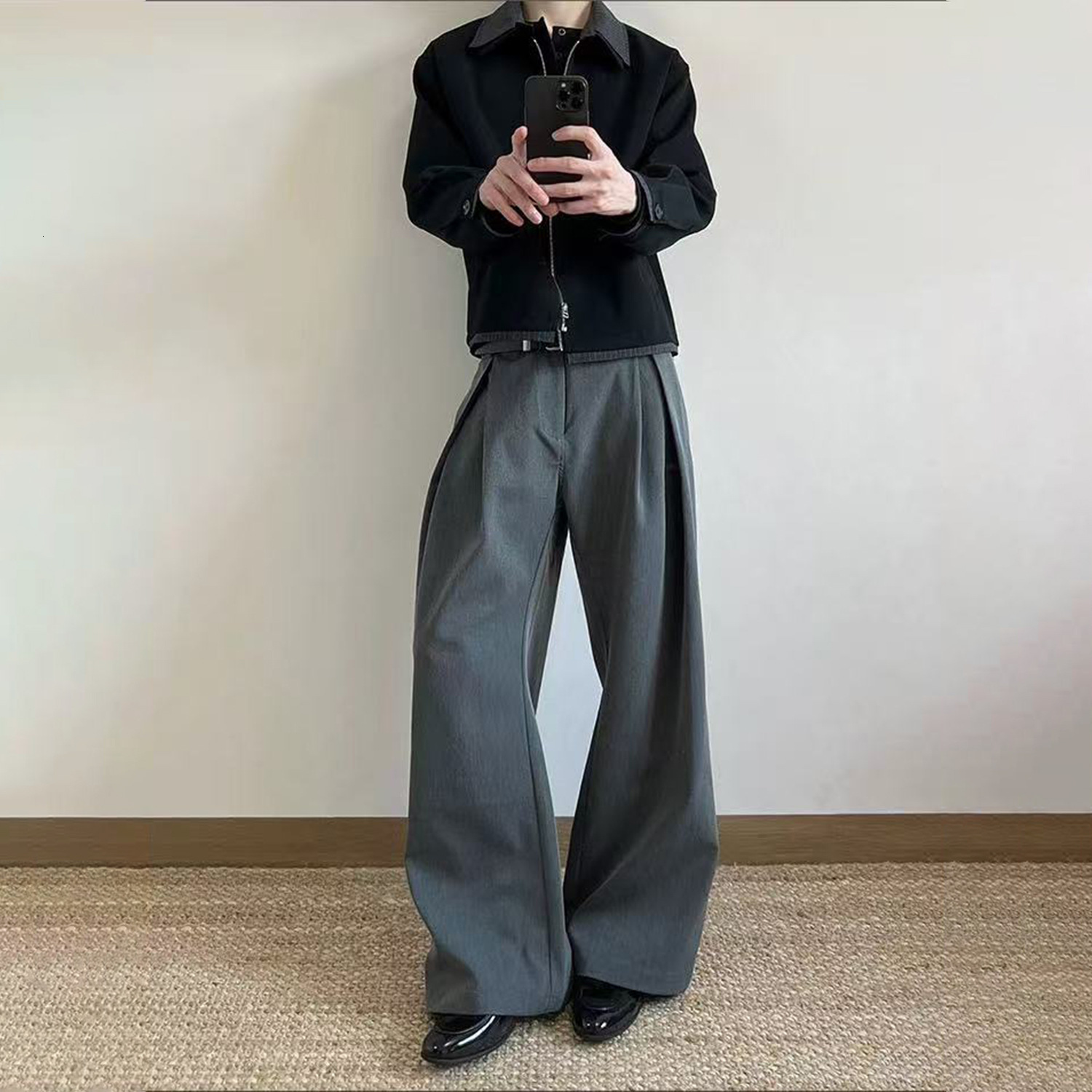 JMWH Three-Dimensional Racer Pleat A-Line Silhouette Scimitar Trousers TR Blended Commuting Cleanfit Drape Casual Long Pants 250929