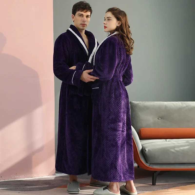 Thicken Solid Flannel Couple Robes-Winter Long Bathrobe Gown with Pockets Intimate Nightwear Lingerie Comfortable Home Clothing C251202