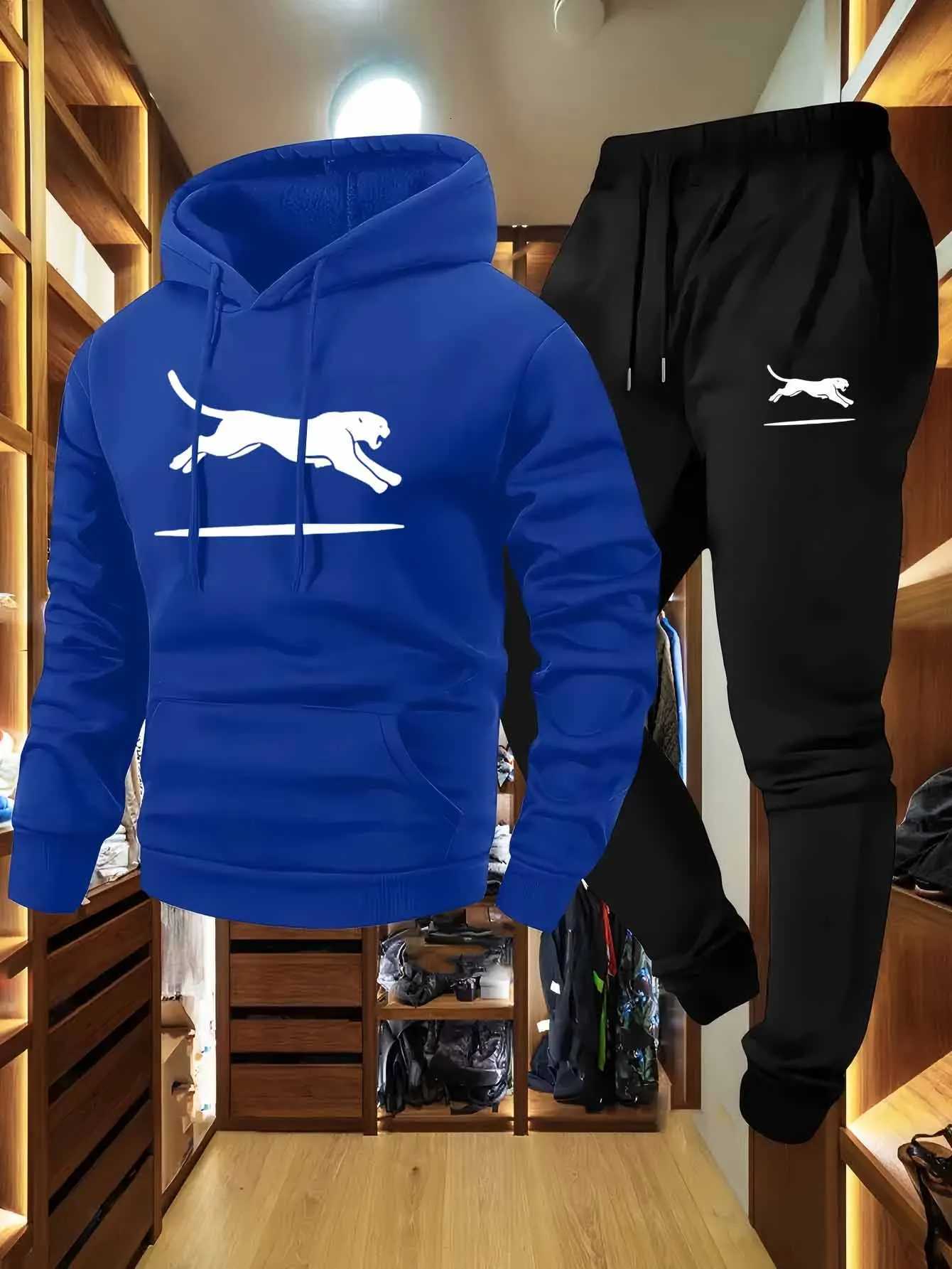 Casual Cargo Sweatshirt Jogger Set Black White Leopard Print Soft Comfort Fabric Loose Fit Hooded Pullover Multiple Pockets W251202