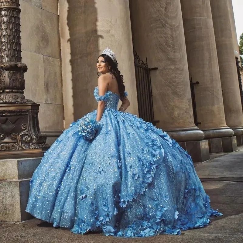 Sky Blue Quinceanera Prom Dresses 3D Flowers Sequin Sweet 15 Party Gowns Sparking Bead Ball Gown Junior 16 Girls Pageant Dress
