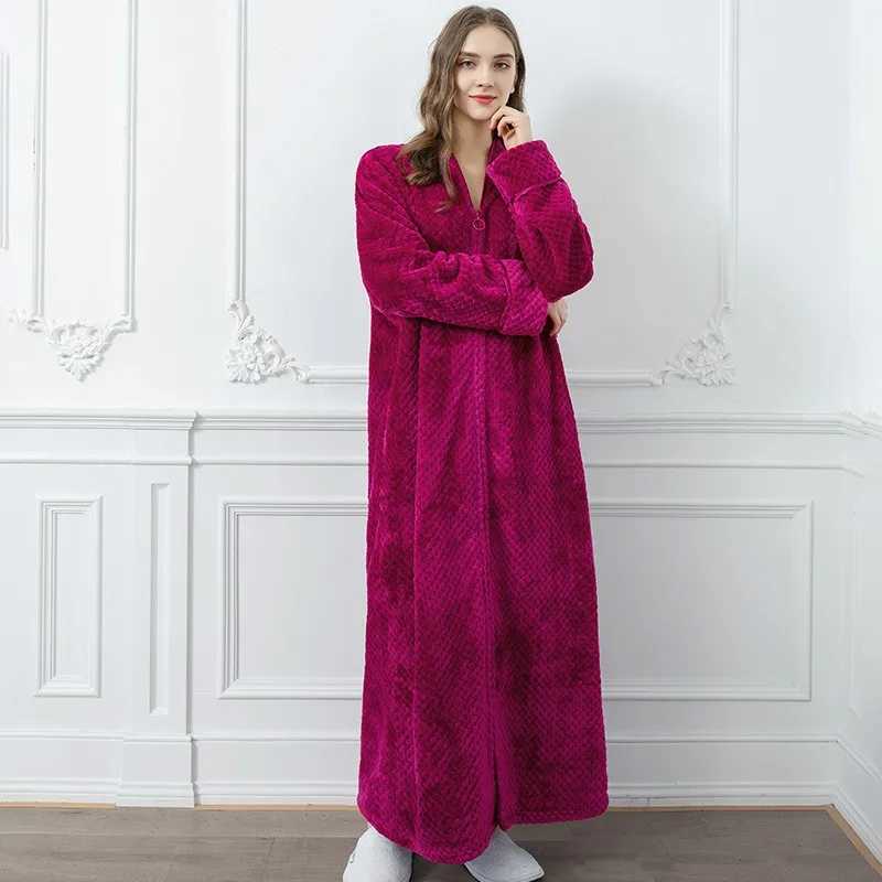 Women Winter Extra Long Warm Jacquard Flannel Bathrobe Pregnant Zipper Plus Size Dressing Gown Lounge Coral Fleece Bath Robe C251202