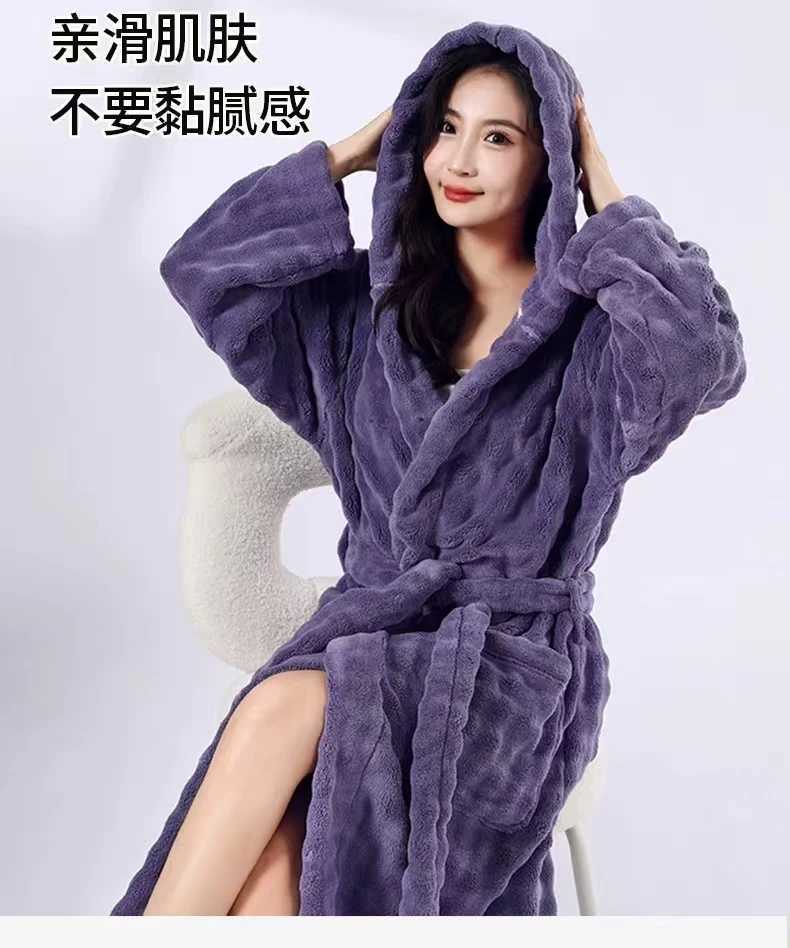 New 2025 style 911g womens hooded bubble fleece bathrobe for autumn winter Non-pure cotton quick-drying absorbent Perfe C251202