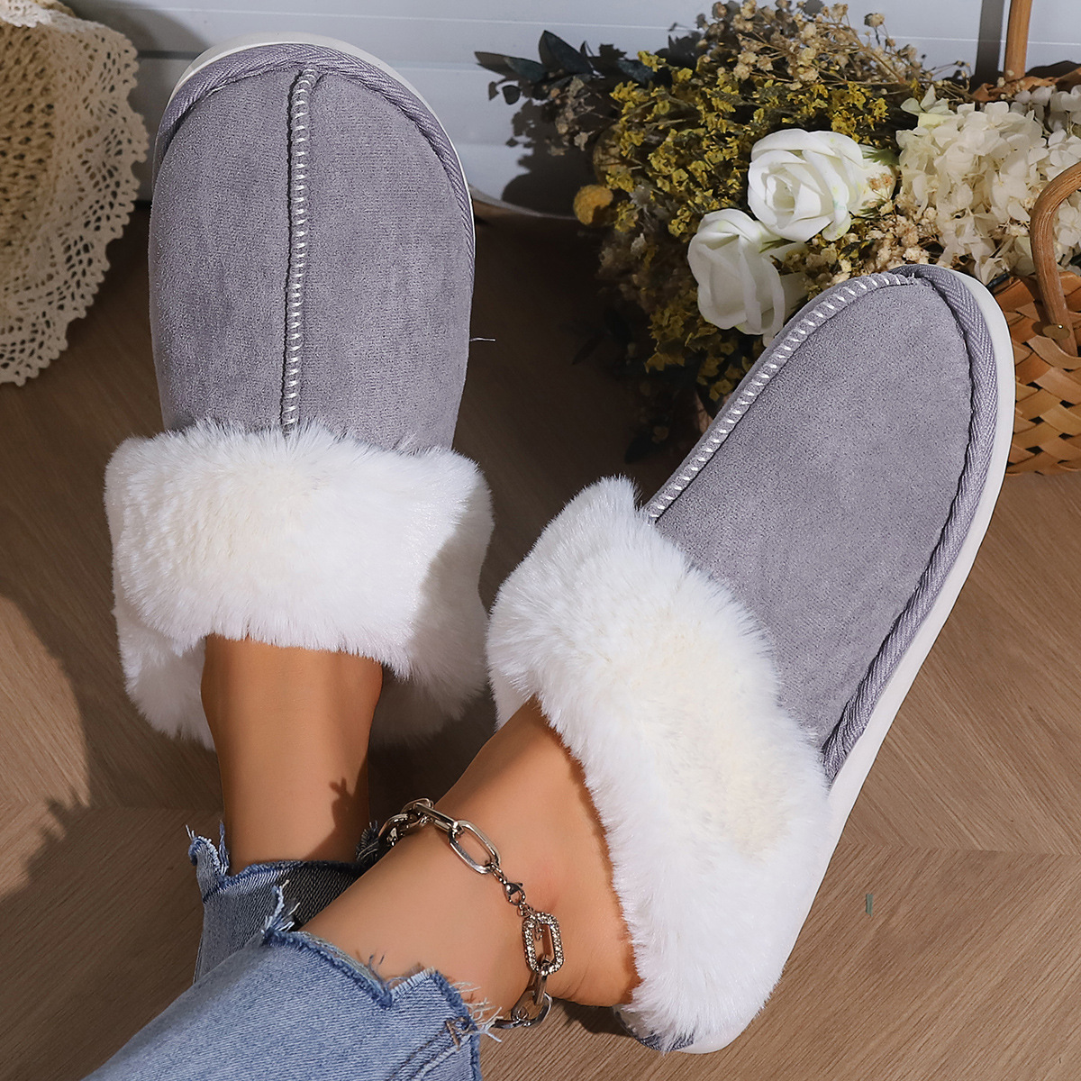 slippers designer women luxury 2025 Autumn/Winter Fleece-Lined Cotton Slippers with Toe Cap Design - Non-Slip Cozy Indoor Home Shoes for Women