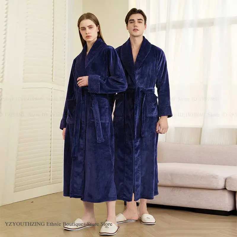 Plus Size Thicken Flannel Couple Long Robe Loungewear Autumn Winter Coral Fleece Sleepwear Home Dress Loose Bathrobe Nightwear C251202