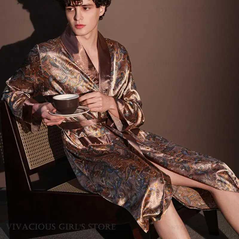 Pajama Mens Robe Kimono Gown Bathrobe with Pockets Print Sleepwear Home Clothing Spring Autumn Satin Nightwear Loose Loungewear C251202