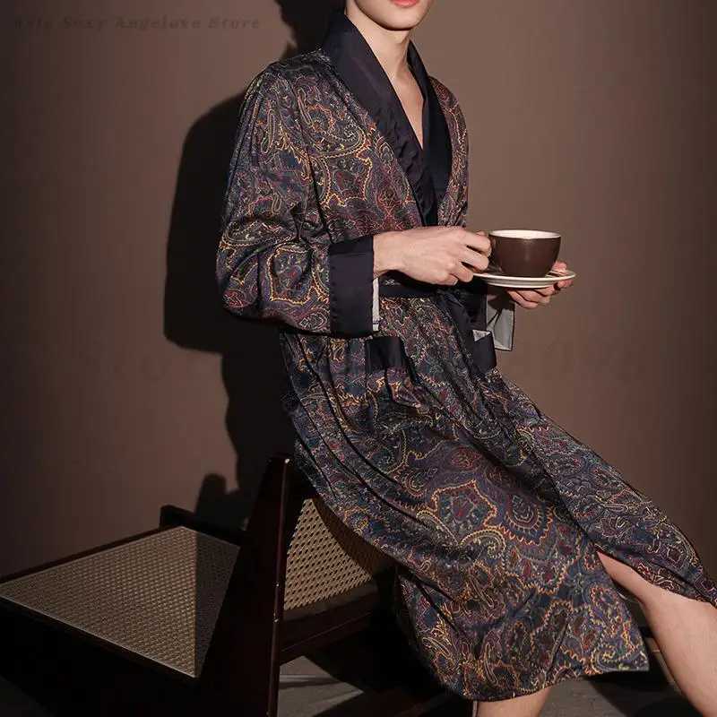 Spring Summer New Nightgown High Quality Mens Sleepwear Robe Satin Print Bathrobe Kimono Long Sleeve Home Wear Boyfriend Gift C251202