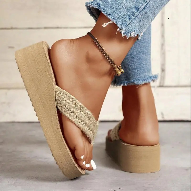 Bohemia Twine Weave Strap Flip Flops Women Summer Classic Chunky Platform Wedge Heels Slippers Women Sexy Beach Sandals 251201