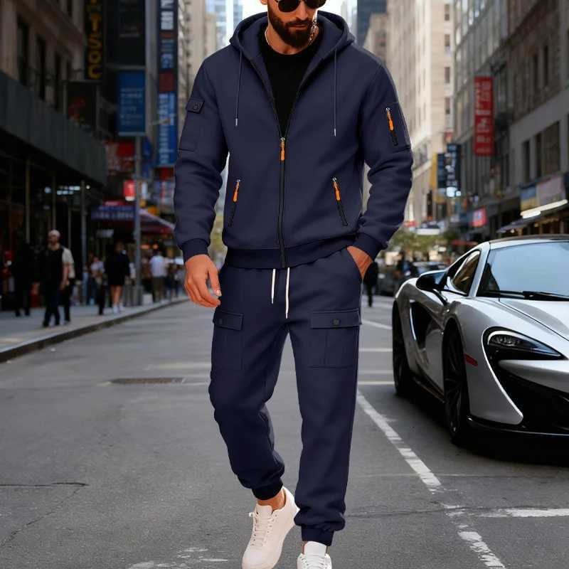 Mens Heavy-Duty Winter Double-Layered Set Including A Hooded Sweater And Drawstring Pants With A Warm And Insulated Design W251202