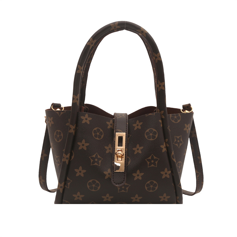 Bestselling Designer's new women's bucket bag fashionable retro versatile large capacity printed shoulder bag crossbody bag black coffee fre