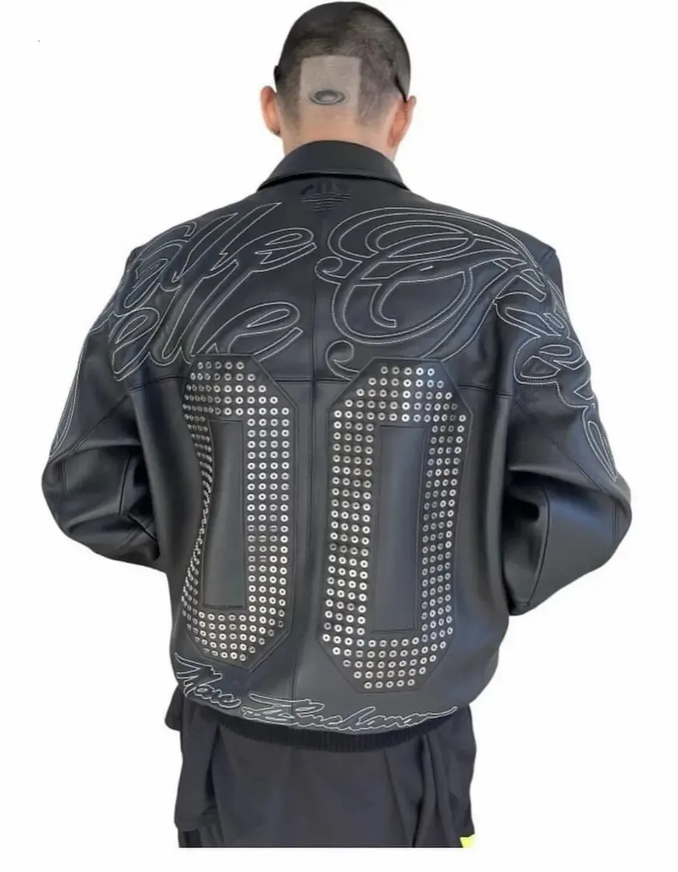 Streetwear Vintage Leather Bomber Jacket Y2K Mens Black Zipper Jacket Sequins Letter Embroidery Oversized Motorcycle Clothing 251128