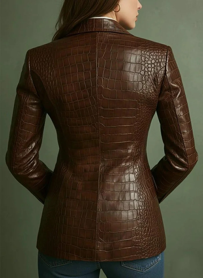 Womens Crocodile PU Leather Blazer Retro Brown Fitted Jacket for Office Professional Wear All-Season Elegant Coat 251201