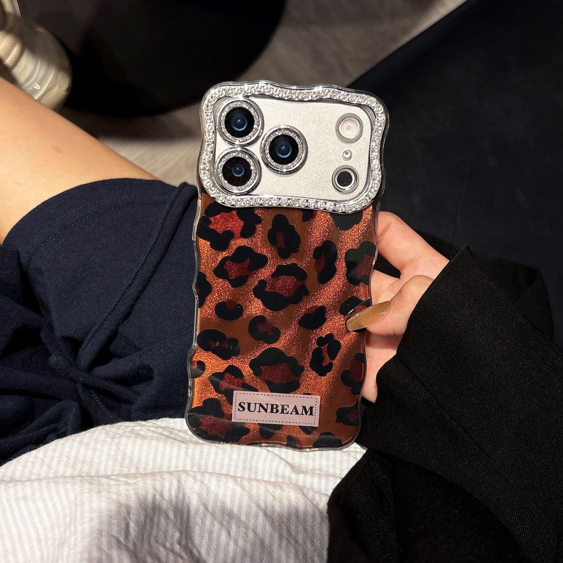 Twisted Edge Brown Leopard Print Phone Case iPhone 17 Pro Max Compatible with Apple 16/15 Pro Diamond Lens Hard Case