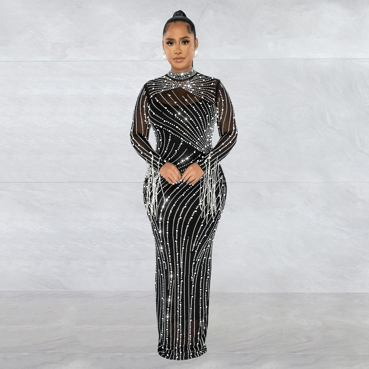 Womens Mesh Diamonds Long Sleeve Prom Dresses Party Formal Bodycon Evening Gown Vestidos Clothing Traf Y2k Zevity 240920