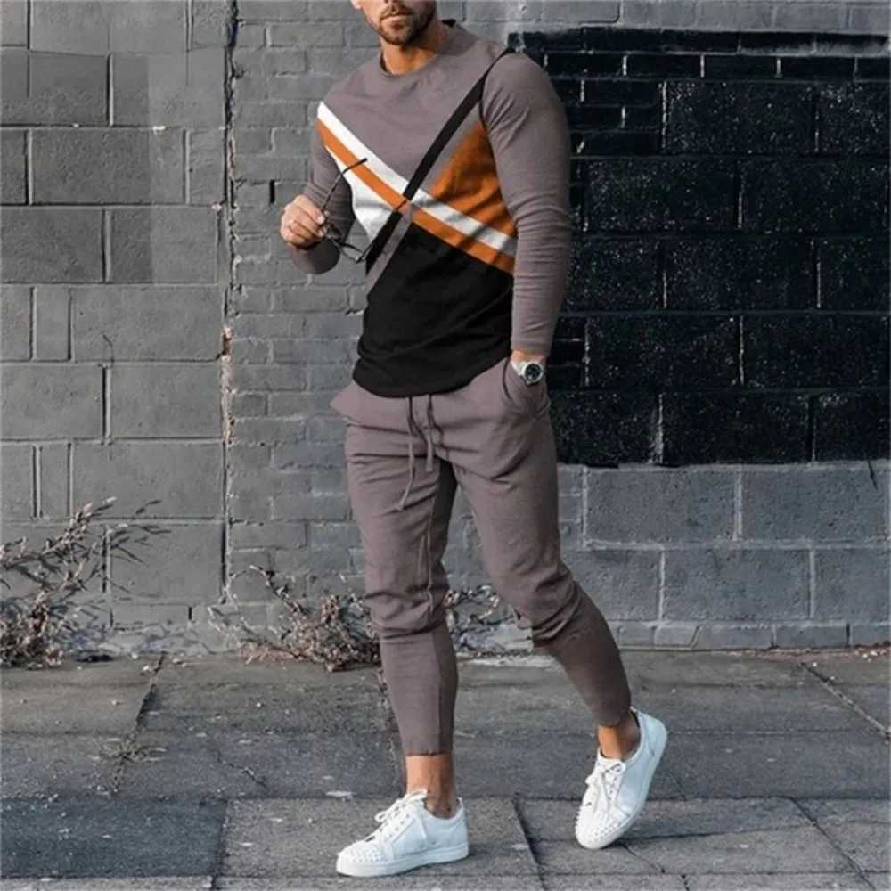 Personalized Mens New Stripe Splicing Printed Breathable Round Neck Thsirt Pants Set Outdoor Hiking Leisure Set W251202
