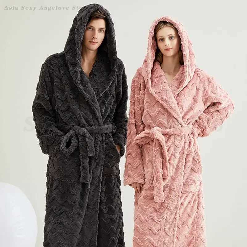 Autumn Winter Couple Sleepwear Flannel Hooded Robe Home Wear Thicken Warm Coral Fleece Yukata Loungewear Loose Bathrobe Pajama C251202