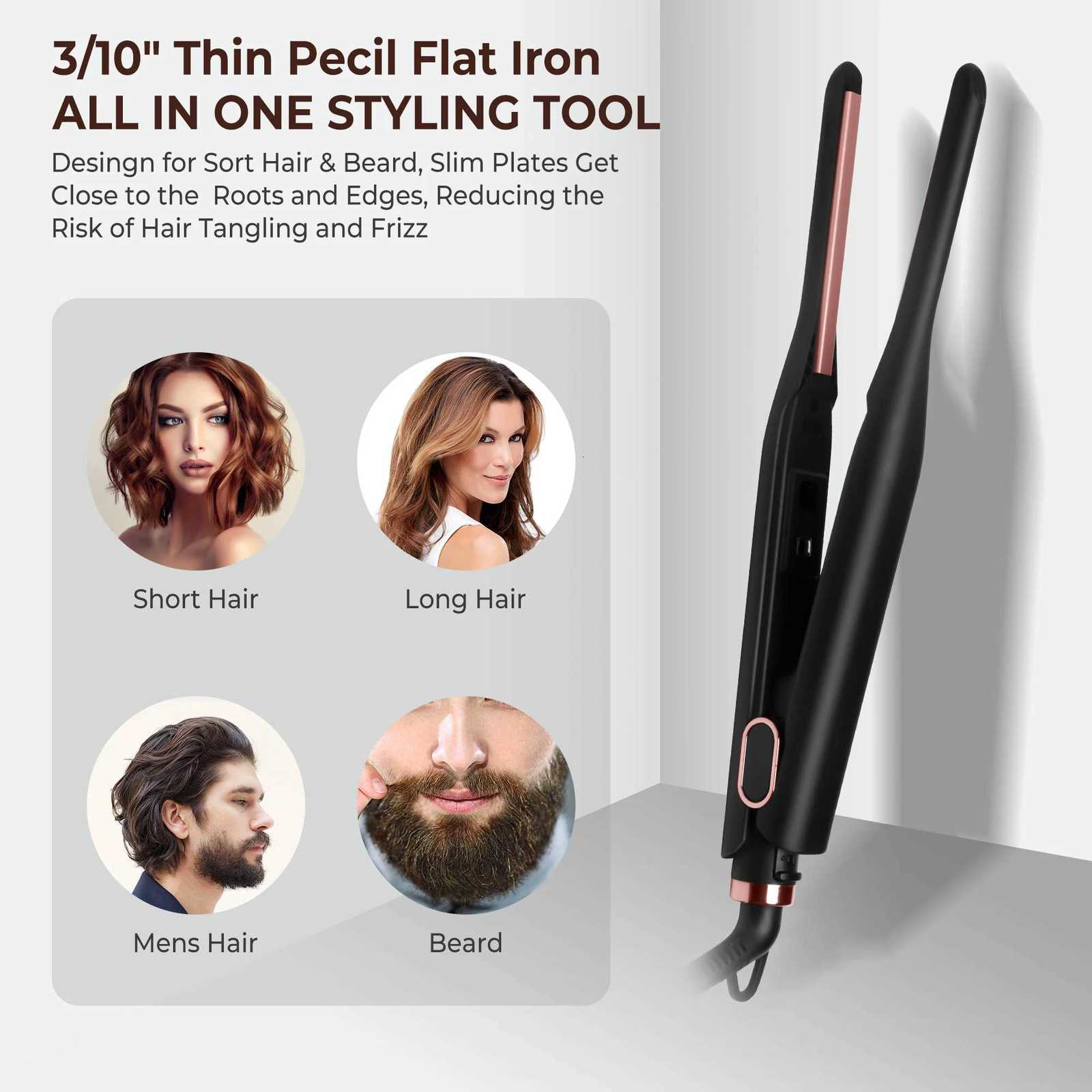 Small Flat Iron for Short Hair Temperature Adjustable Pencil Flat Iron Fast Heat Up 3/10 Inch Beard Straightening Iron C251202
