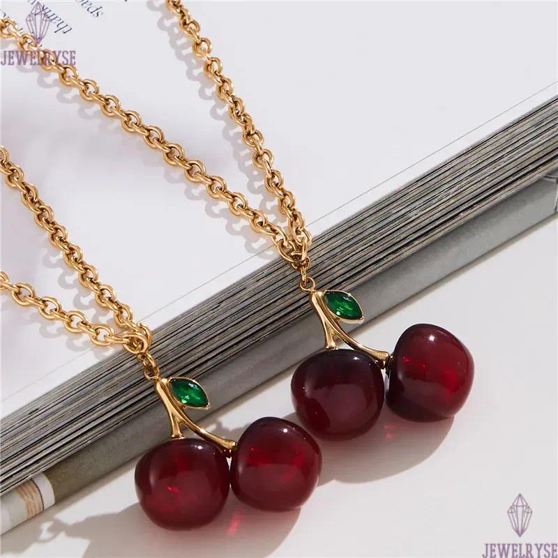 cute cherry necklace designer for woman 18k gold chain stainless steel fruit pendant necklaces school daily outfit women fashion jewelry friend family