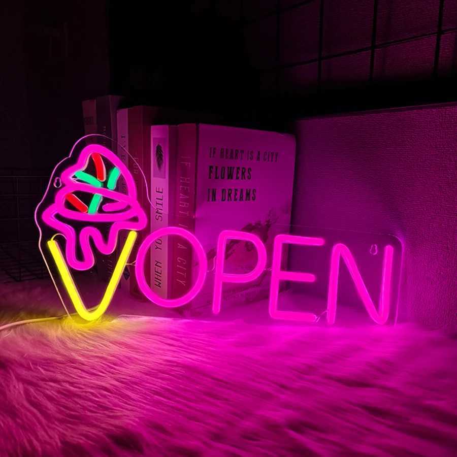 Ice Cream Cone Neon Sign Open Pink Letter Lamp Usb Powered Used In Restaurants Cafes Ice Cream Shops Business Decor Lights H251201