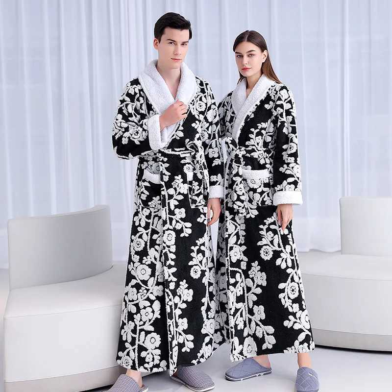 Jacquard Double Layer Thicken Robe Gown Women and Men Sleepwear Winter Warm Nightgown Coral Fleece Lovers Bathrobes Lingerie C251202