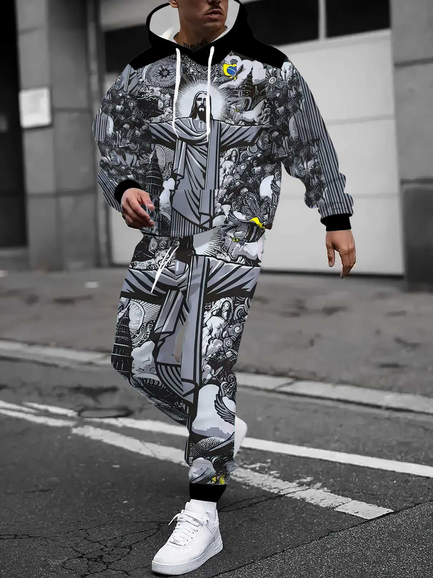 The new mens hoodie set for Spring and Autumn 2025 is a casual and fashionable streetwear collection with Jesus prints W251202