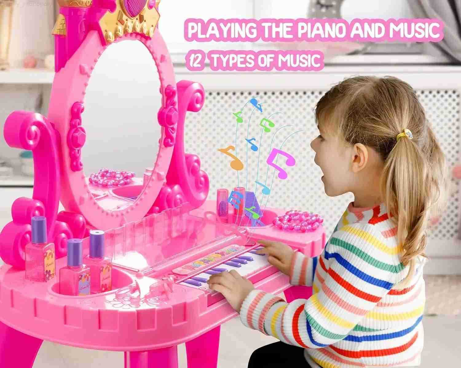 Disney Vanity Makeup Table Toy with Adjustable Mirror Comfortable Seat Electronic Organ Lights for Little Girls Toddler Vanity Set H251202